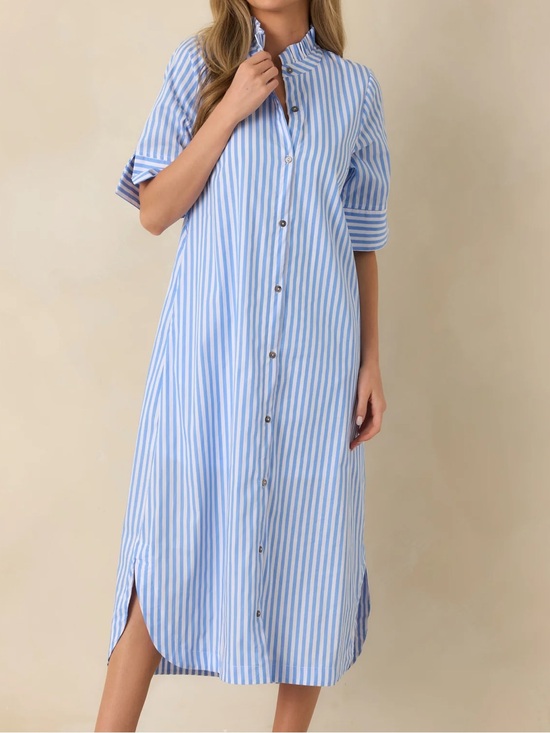 entro Dresses & Skirts - entro Blue Striped Button Front Ruffle Collar Shirt Dress